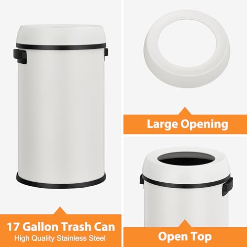 GarveeHome 17 gal/65 L Open Top Trash Can, Stainless Steel Rubbish Bin, Commercial Grade Waste Container, Round Garbage Can for Outdoor, Home Office, Restaurant, White - color: White, Open Top