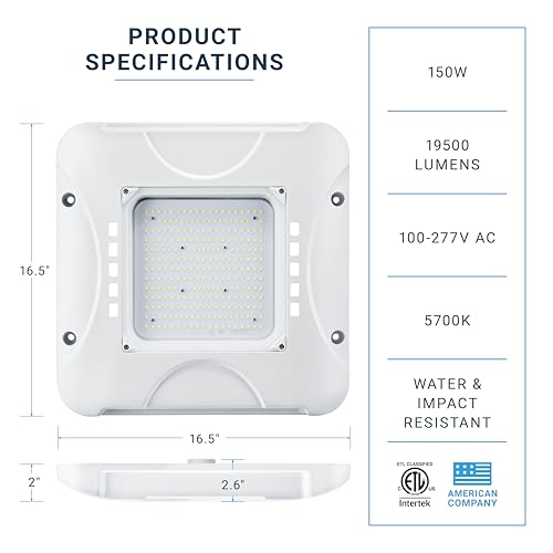 Parmida (4 Pack) LED Canopy Light, 150W, 0-10V Dimmable, 100-277VAC, IP65 Waterproof, ETL, Shop Light, 5700K, 16.5" x 16.5", Gas Station, Warehouse, Street, Area & Outdoor Lighting, Commercial Grade - size: 4 Pack