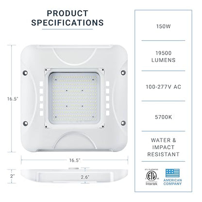 Parmida LED Canopy Light, 150W, 0-10V Dimmable, 100-277VAC, IP65 Waterproof, ETL, Shop Light, 5700K, 16.5" x 16.5", Gas Station, Warehouse, Garage, Street, Area & Outdoor Lighting, Commercial Grade - size: 1 Pack