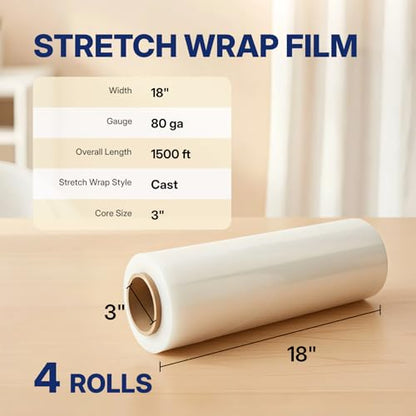 NorthSky Pallet wrap Stretch Film - Industrial Strength up to 800% Stretch 20 Microns Clear Durable Adhering Packing Moving Heavy Duty Shrink Film Box of 4 (80 GA, 18'' x 1500') - size: 18'' x 1500', style: 80 GA
