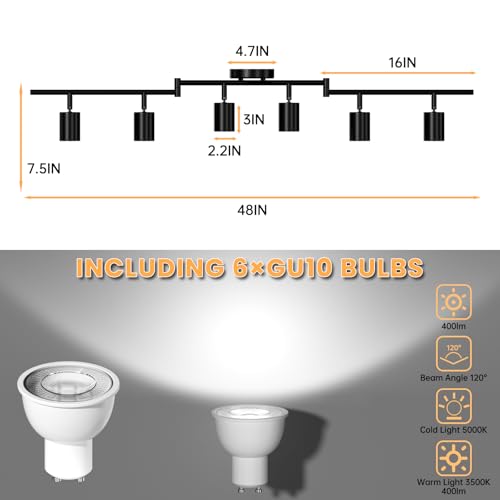 LED 6 Light Track Lighting Kit, 48" Black 6 Way Ceiling Spotlights Fixture, 3 CCT Adjustable, with Flexibly Rotatable Light Heads for Kitchen, Living Room, Bedroom, Includes 6 x GU10 Bulb - color: Black, size: 6
