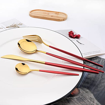 Mirror Cutlery Serving Set, 24-piece 18/0 Stainless Steel Silverware With Red Handle Simple & Modern Tableware For Home Party Restaurant Christmas Dinner, Service For 6 (Red Gold) - color: Red gold