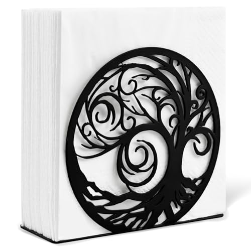 Napkin Holder for Table Metal Standing Napkin Holders for 5-inch Paper Napkins, Mail Bills Elegant Napkin Dispenser for Dining Room, Kitchen - size: Cocktail Napkin 5x5" - Black Whirl Tree