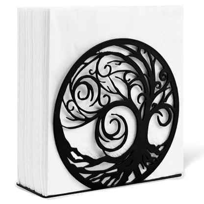 Napkin Holder for Table Metal Standing Napkin Holders for 5-inch Paper Napkins, Mail Bills Elegant Napkin Dispenser for Dining Room, Kitchen - size: Cocktail Napkin 5x5" - Black Whirl Tree