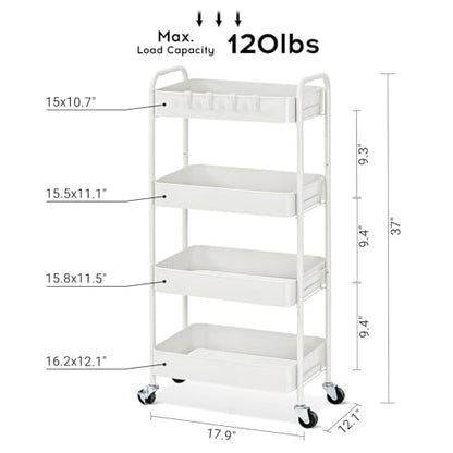 TOOLF 4 Tier Metal Rolling Cart, Utility Storage Cart with Wheels, White - color: White, size: 4-Tier