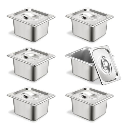 6 Pack Hotel Pans 1/6 Size 4" Deep Stainless Steel Steam Table Pan w/Lids - color: 1/6, size: 4'' Deep