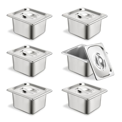 6 Pack Hotel Pans 1/6 Size 4" Deep Stainless Steel Steam Table Pan w/Lids - color: 1/6, size: 4'' Deep