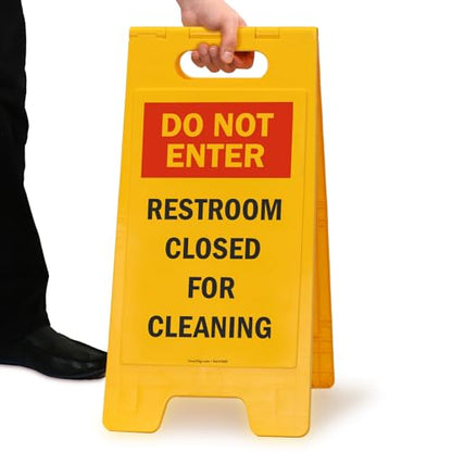 SmartSign 25 x 12 inch “Do Not Enter - Restroom Closed For Cleaning” Two-Sided Folding Floor Sign, Plastic, Red, Black and Yellow - color: Plastic Sign