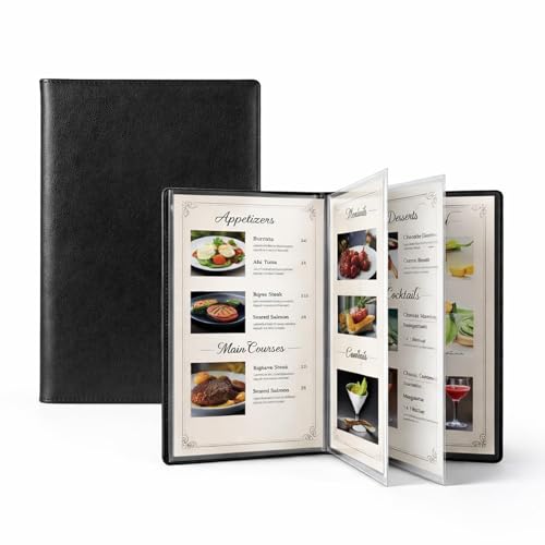 Premium Vegan Leather Menu Cover 8.5 x 11, 4 Page 8 View Menu Folder with Clear Sleeves, Restaurant Menu Holder, Portfolio Binder, Sheet Music Folder, Hotel & Guesthouse Presentation Book - color: Black