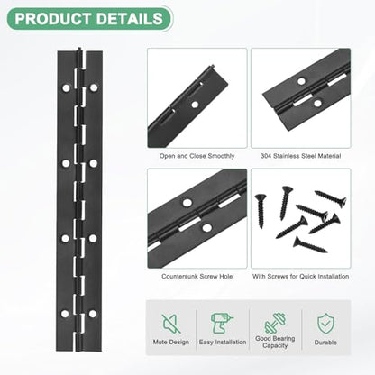 M METERXITY 6-Pack Piano Hinges, 8 Inch / 200mm 304 Stainless Steel Continuous Piano Hinge with Holes and Screws for Cabinets Door/Storage Box [1.2X 0.04/ 30x 1mm Open Width Thick, Black] - size: 8 Inch