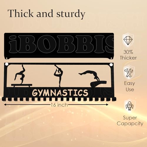 iBobbish Metal Medal Hanger Display,Non-Slip Trophy Shelf with 20 Hooks,Wall Mount,Heavy Duty,Non-Bent,Holds 22-33lbs,for Gymnastics,Race,Soccer,Swim - color: Black, style: NON-SLIP GYMNASTICS