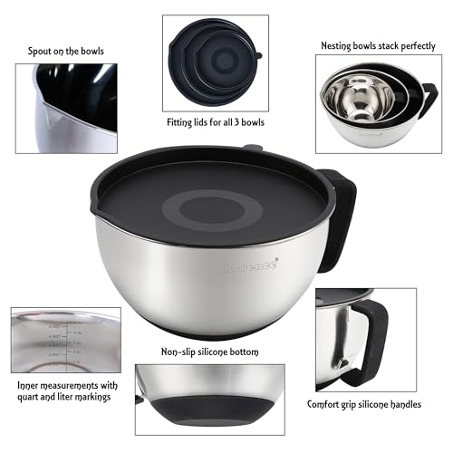 Rorence Stainless Steel Mixing Bowls: Metal Mixing Bowl Set with Lids and Handles Non-slip Silicone Bottom Nesting Bowls for Kitchen Set of 3 - Black - color: Black