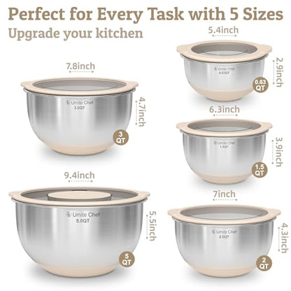 Mixing Bowles Set with Lids Set - Warp-Proof TPR-AS Lids, Stainless Steel Mixing Bowl with 3 Graters & Measuring Lines, Non-Slip Bowls for Baking, Prep, Airtight Food Storage (Khaki 5/3/2/1.5/0.63QT) - color: Khaki