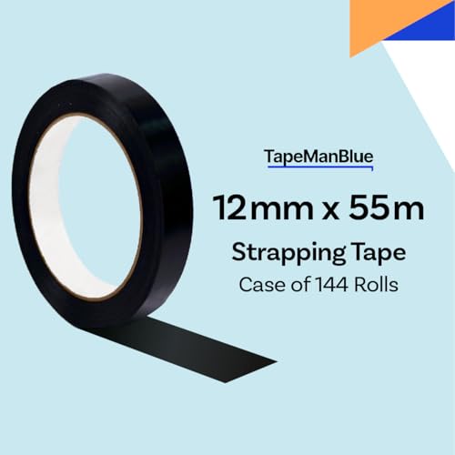 TapeManBlue Strapping Tape, Black Tensilized Polypropylene Strapping Tape for Banding, Bundling, Packaging and Palletizing, Made in USA (12 mm x 55m (144 Rolls)) - size: 12 mm x 55m (144 Rolls)