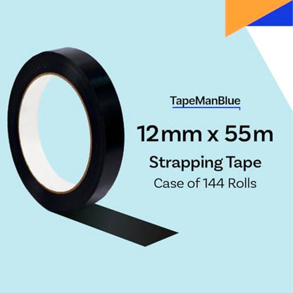 TapeManBlue Strapping Tape, Black Tensilized Polypropylene Strapping Tape for Banding, Bundling, Packaging and Palletizing, Made in USA (12 mm x 55m (144 Rolls)) - size: 12 mm x 55m (144 Rolls)