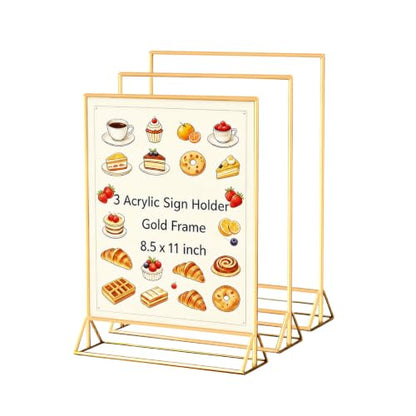 3 Pack Gold Acrylic Sign Holder 8.5 x 11 Inches, Double Sided Vertical Table Top Stand for Wedding Table Numbers, Nail Salon Price Lists, Vendor Booth, Business Store & Party Tabletop Display
