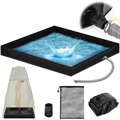 Upgraded Portable Shower Pan 41"x41"x5" - Heavy-Duty Non-Slip Base with Drain Hole & Mesh Storage Bag | Collapsible Camp Shower Tray for RV, Beach, Glamping | Leakproof Outdoor Bath Floor