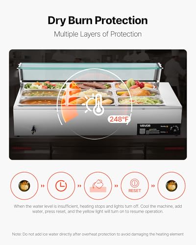 VEVOR Commercial Food Warmer, 1500W Electric Stainless Steel Steam Food Warmer with Glass Cover, 9-Pan Countertop Buffet Bain Marie with Soup & Perforated Ladles, for Catering, Restaurant & Party - size: 9x1/3Pan;72QT