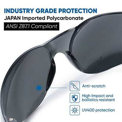 amoolo Tinted Safety Glasses, ANSI Z87.1 Impact Resistant, 24 Pack, Adult - color: Smoke, size: Adult's Size - 24 Pack