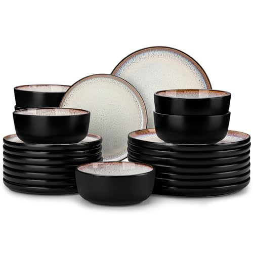 vancasso Plates and Bowls Sets, 24 Pieces Stoneware Dinnerware Sets for 8, Kitchen Dish Set Mircowave and Dishwasher Safe Ceramic Dishware, Light Cream, Series AMBER - color: Oyster White