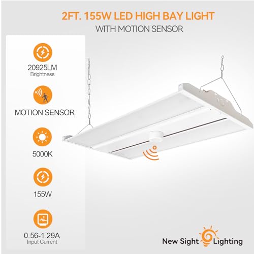 High Bay LED Shop Light, 20925LM 2FT LED Linear High Bay Fixture with Motion Sensor, 155W Commercial Bay Lighting, 120-277V, 5000K Daylight Linear Hanging Light, UL&DLC Listed, 2PK - color: 155W - with sensor - White, size: 2PK
