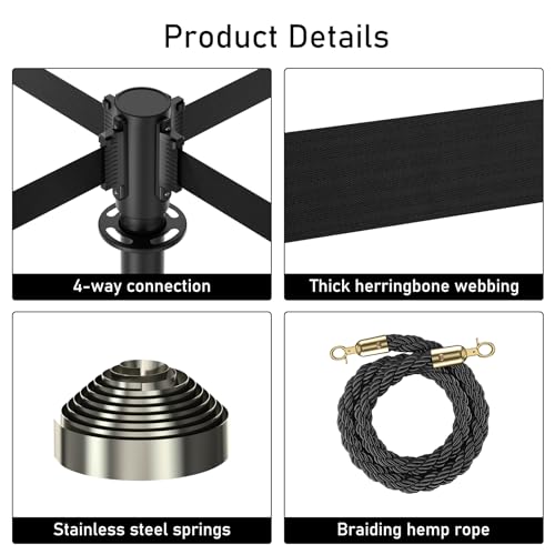 2Pack Stanchions with Retractable Belt and 2Pcs Hemp Rope (Black) - color: Black