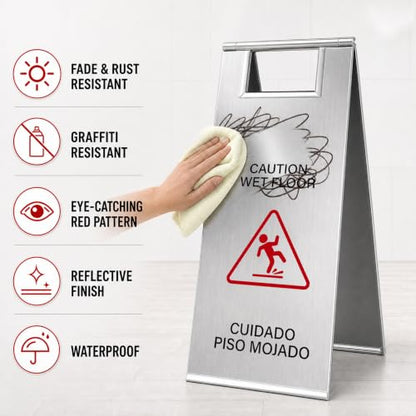 2 Pack Wet Floor Signs 24 Inch Stainless Steel Caution Sign Silver - color: Silver
