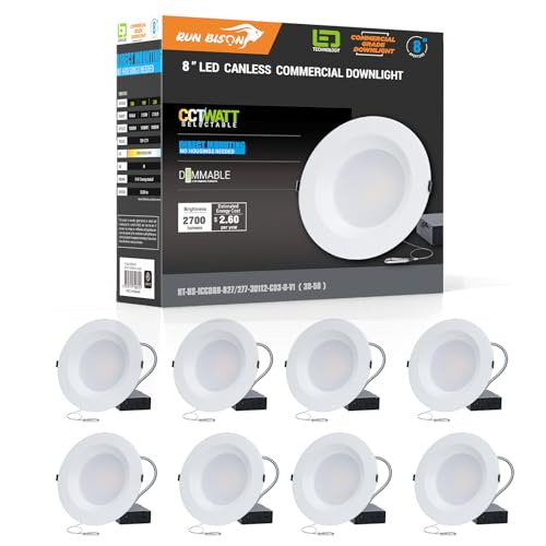 8 Inch Recessed LED Commercial Downlight with J-Box, Wattage Adjustable 16/21/27W,3 Color Selectable 3000K-5000K, 120-277V,10%-100% Dimmable, IC Rated,Canless LED Downlight - 8 Pack - color: White, size: 8 inch
