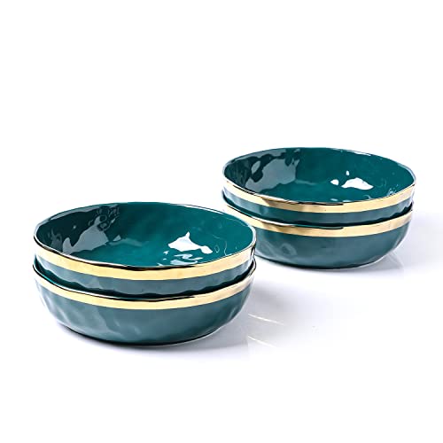 Stone Lain Florian 4-Piece Round Pasta Bowl Set, Green with Gold Rim - color: Green with Gold Rim, size: 4-Piece Pasta Bowl