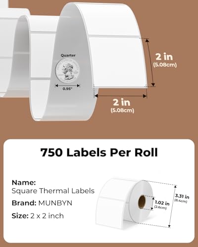 MUNBYN 2x2 Thermal Labels, 750 Sheets/Roll, White - color: White, size: 2x2"