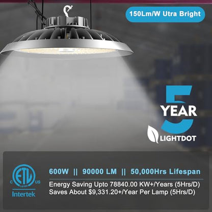 Lightdot 600W High Bay LED Light 90000lm Commercial Bay Lighting AC100-277V (Driver Equipped, 5Yrs Warranty) UFO LED High Bay Shop Light for Warehouse,Workshop, Garage & Barn,Plug & Play-2Pack
