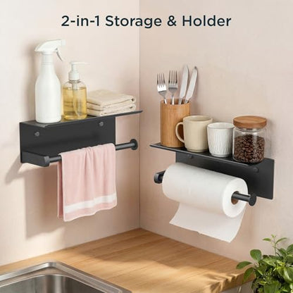 FORIOUS Wall Mount Paper Towel Holder with Shelf for Kitchen, Matte Black - color: Matte Black