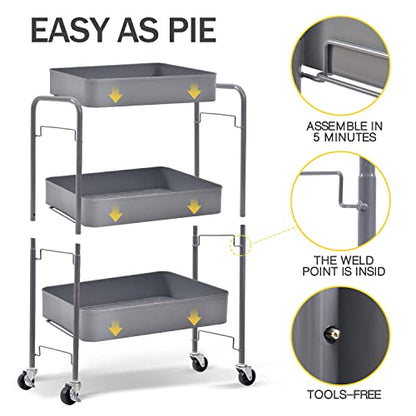 TOOLF 3 Tier Metal Rolling Cart, Utility Storage Cart with Wheels, Grey - color: Grey, size: 3-Tier