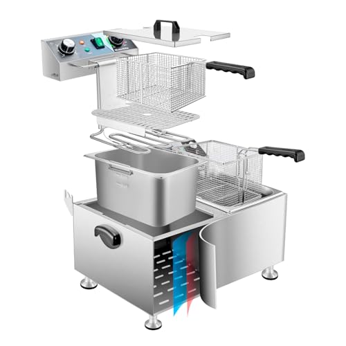 WaterElfo Deep Fryer Commercial Deep Fryers With Basket13Lx2 13.7Qt x 2 Thicken With Precise Temperature Control Timer Double Deep Fryer With 2 Baskets1800Wattsx2 120V Countertop Fryer Restaurant - size: 26L 3600W