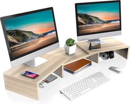 FITUEYES Dual Monitor Stand Riser, Adjustable Length and Angle, Oak - color: Oak