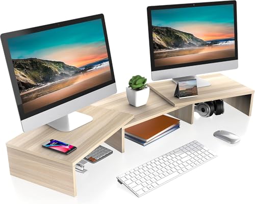 FITUEYES Dual Monitor Stand Riser, Adjustable Length and Angle, Oak - color: Oak