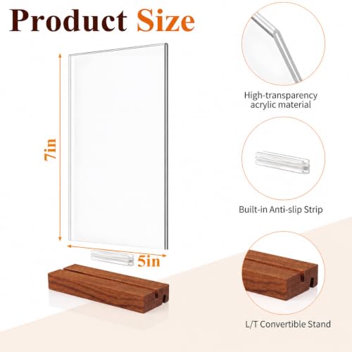 5x7 Acrylic Sign Holder with Wooden Base 4 Pack Adjustable Vertical/Tilt - color: Warm Brown, size: 5"x7"