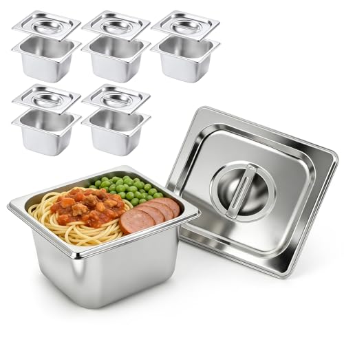 KUK 6 Packs Stainless Steel Hotel Pans with Lids 1/4 Size x 6" Deep Steam Table Commercial Food Storage Containers Stackable Metal Steamer Anti-Jam Restaurant Warm Pans