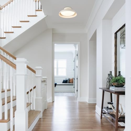 Dimmable LED Ceiling Light, Brass Accent, 15.7 inch Semi Flush Mount - color: Cream