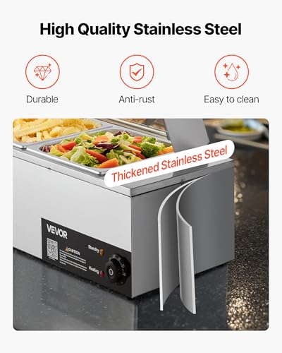 VEVOR Commercial Food Warmer, 1500W Electric Stainless Steel Steam Food Warmer with Glass Cover, 4-Pan Countertop Buffet Bain Marie with Soup & Perforated Ladles, for Catering, Restaurant & Party - size: 4x1/2Pan;48QT