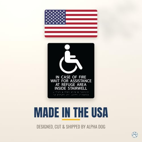 Alpha Dog In Case of Fire Wait Sign, 13x11 ADA Braille Sign, Black - color: Black, size: In Case of Fire - Wait for Assistance