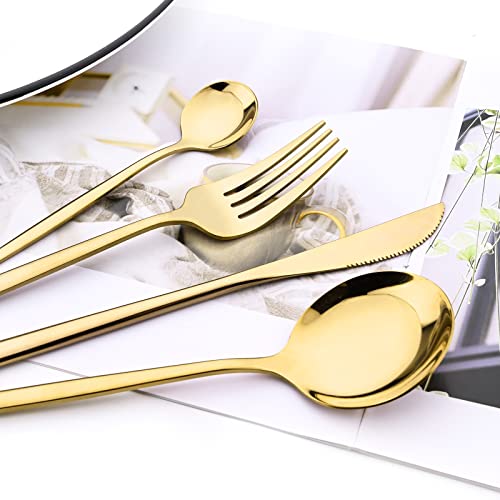 24-Piece Mirror Gold Polished Flatware, 18/0 Stainless Steel Dinnerware Set Include Knife Fork Spoon Teaspoon Cutlery Set For Home Restaurant and Party Service For 6, Dishwasher Safe - color: Gold