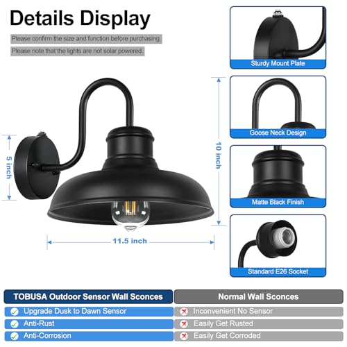 TOBUSA Dusk to Dawn Outdoor Wall Lights, Farmhouse Gooseneck Barn Lights - color: Black, size: 11.5 inch