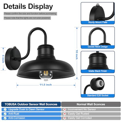 TOBUSA Dusk to Dawn Outdoor Wall Lights, Farmhouse Gooseneck Barn Lights - color: Black, size: 11.5 inch
