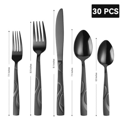 30-Piece Black Silverware Set for 6 - color: Black, size: 30-Piece