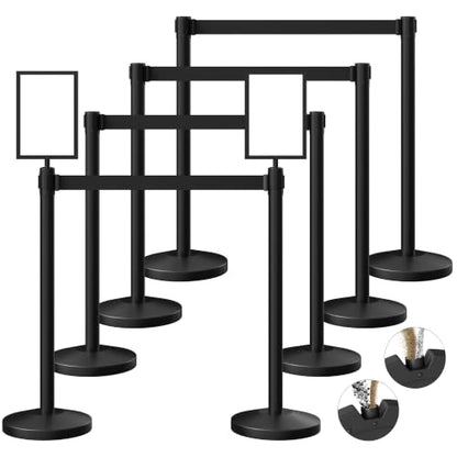 8-Pack Black Stainless Steel Crowd Control Stanchions, 9.8 ft Retractable Black Safety Belts with 2 Sign Holders(Black Belt) - color: Black stanchions w Black Belt, size: 8 pcs