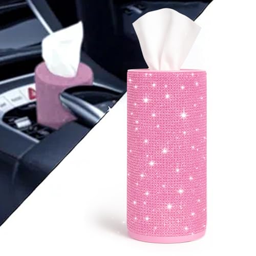 Bling Car Tissue Holder for Cup Holder – Sparkly Rhinestone Round Tissue Dispenser with 1 Pack Tissues – Fits Standard Auto Cup Holders – Stylish Car Interior Accessory for Women(Pink) - color: Pink