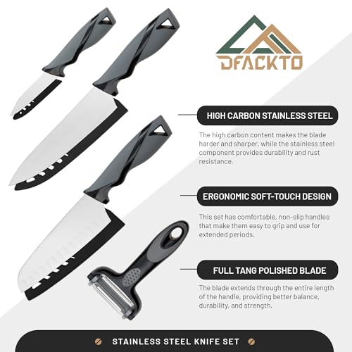DFACKTO 7-Piece Kitchen Knife Set with Vegetable Peeler without Block – Stainless Steel Knives for Kitchen, Dishwasher Safe Cooking Knife Set with Covers, Sharp Cutting Knives for Cooking – Black Gray - color: Gray