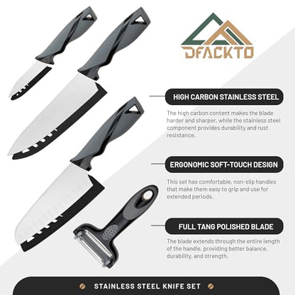DFACKTO 7-Piece Kitchen Knife Set with Vegetable Peeler without Block – Stainless Steel Knives for Kitchen, Dishwasher Safe Cooking Knife Set with Covers, Sharp Cutting Knives for Cooking – Black Gray - color: Gray