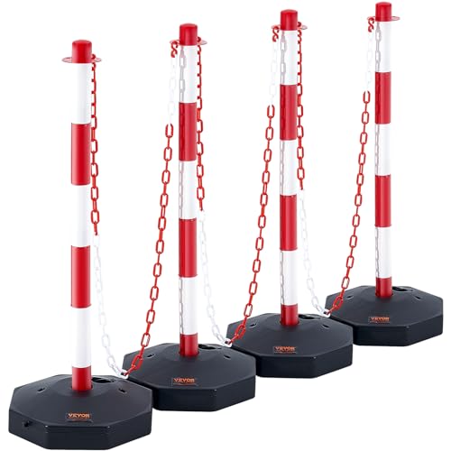 VEVOR Adjustable Traffic Delineator Post Cones, 4 Pack, Traffic Safety Delineator Barrier with Fillable Base 8FT Chain, for Traffic Control Warning Parking Lot Construction Caution Roads, Red & White - color: Red & White, size: 4 Pack